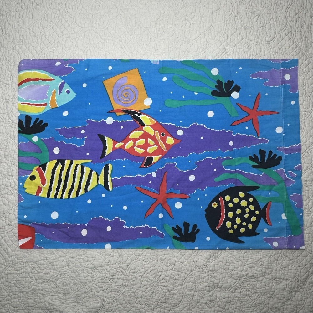 Vintage Cheryl Johnson Reef Neon Fish Pillowcase (1) Y2K Abstract 80s Aquarium
